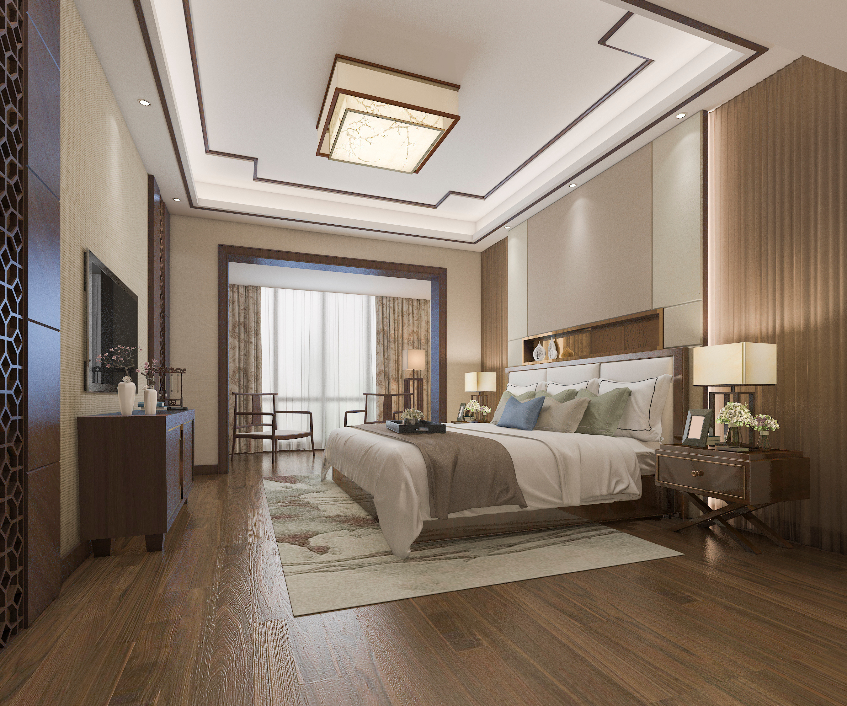 3d rendering beautiful luxury bedroom suite in hotel with tv